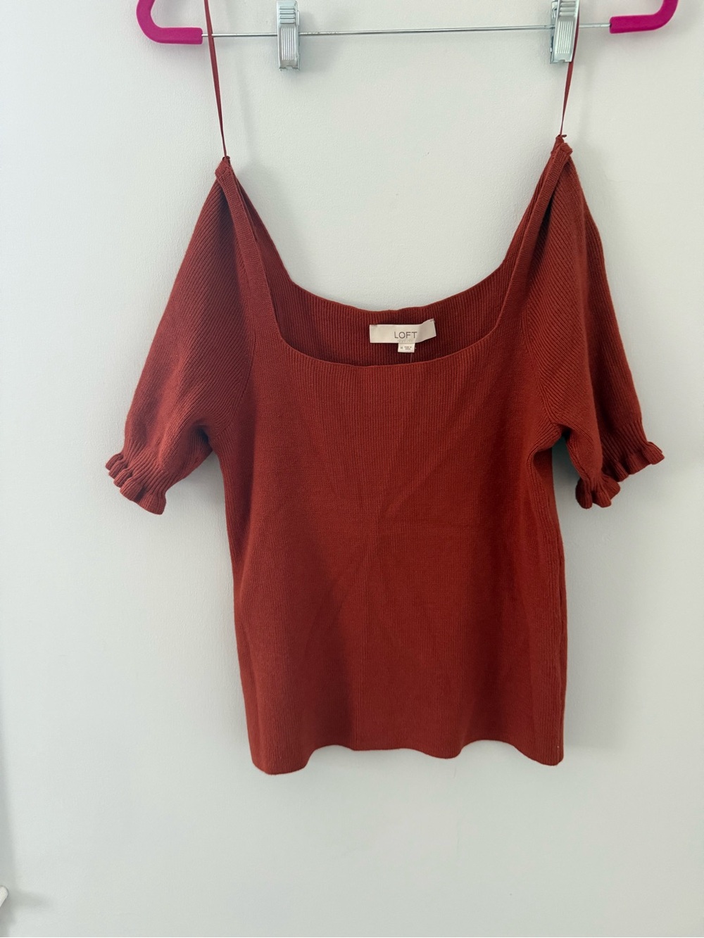 LOFT Burnt Orange Square Neck Ribbed Knit Top